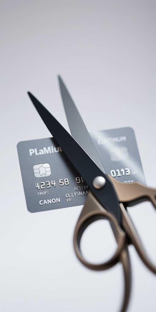 Generate an image of a pair of scissors cutting through a credit card with the text "Platinum" and "0%" visible, shot with a Canon EOS 5D Mark IV, 50mm lens, f/2.8 aperture, ISO 100, in a well-lit studio setting, focus on the scissors and card with a shallow depth of field.