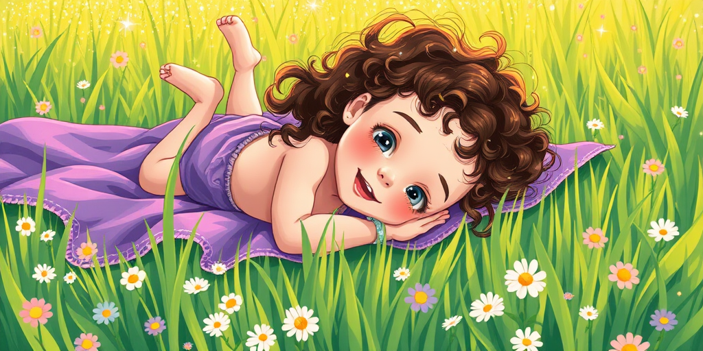 Create an illustration of a young girl with curly hair lying on a purple blanket in a vibrant green field, surrounded by flowers and sparkles; use a Canon EOS R5 with a 50mm lens, f/1.8 aperture, ISO 100, and a clear daytime setting for bright colors and sharp details.
