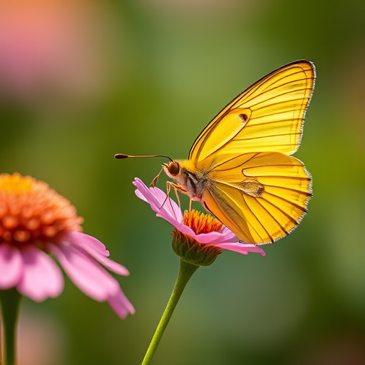 macro shot of a yellow butterfly perched on a pink flower with a blurred background, f/2.8 aperture, ISO 100, 1/250s exposure, Canon EOS 5D Mark IV, 100mm lens, natural light, shallow depth of field