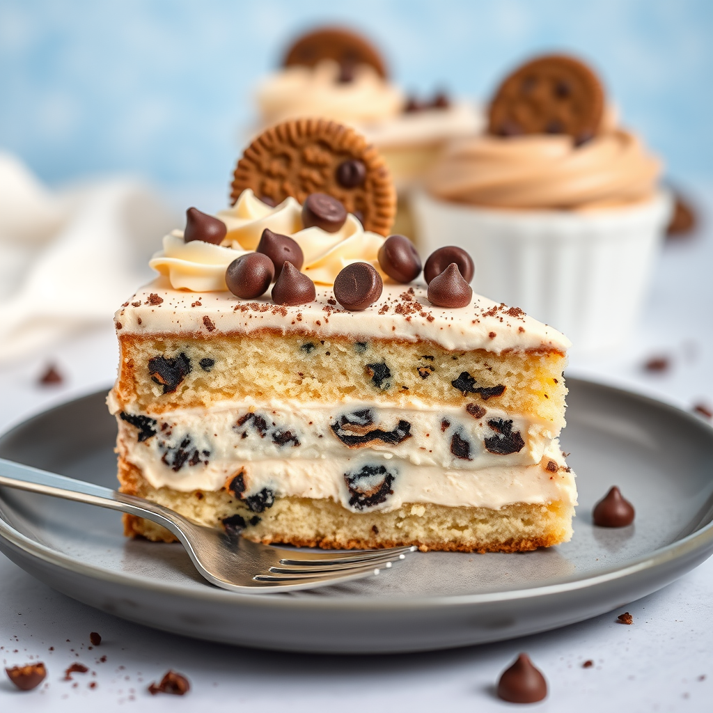 A slice of cake on a gray plate with a fork beside it the cake is layered with a creamy filling that has cookie pieces and chocolate chips on top there is a swirl of frosting and a cookie garnish in the background there are hints of chocolate crumbs and a soft blue backdrop