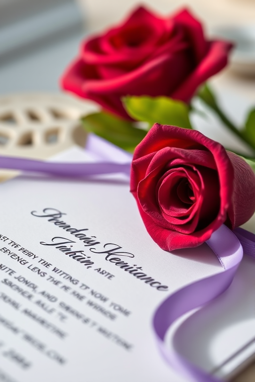 high-quality close-up of a wedding invitation card with a lavender ribbon and a deep red rose, soft natural lighting, focus on text and flower details, shallow depth of field, f/2.8 aperture, 50mm lens, DSLR camera, portrait orientation