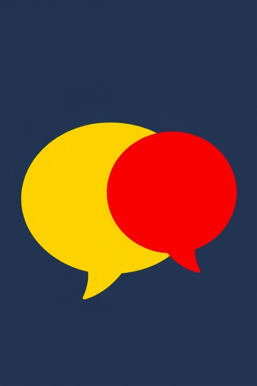 Create an image of two overlapping speech bubbles, one yellow and one red, with a flat design style, captured using a DSLR camera with a 50mm lens, f/2.8 aperture, 1/125 second shutter speed, and natural lighting to enhance clarity and color vibrancy.