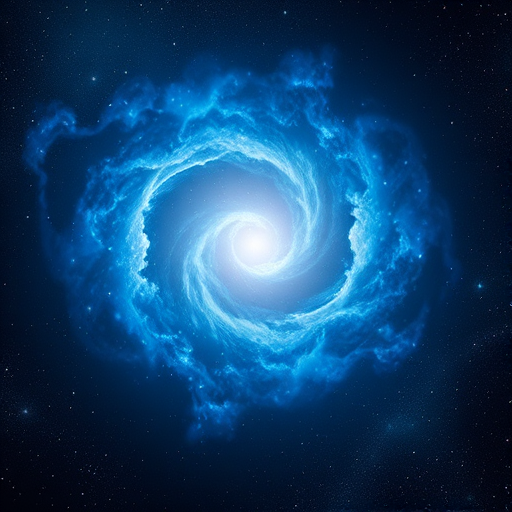 create a stunning cosmic scene featuring swirling blue nebulae, bright stars, and a glowing center of light amidst deep space darkness