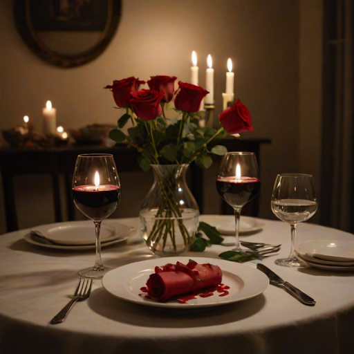 Low-light, intimate scene of a candlelit dinner for two, soft glow from the candles reflecting off wine glasses, plates of beautifully arranged food, a single red rose in a vase at the center of the table, shadows flickering on the walls from the candlelight, soft murmurs of conversation.
