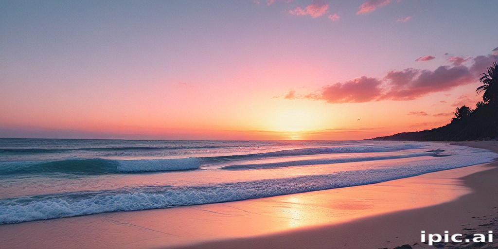Serene Sunset Over Tranquil Beach with Gentle Waves and Colorful Sky