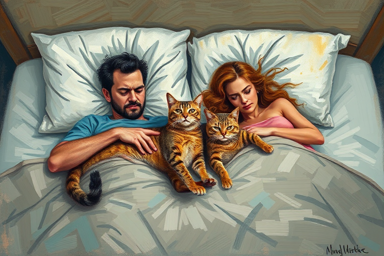 Expressionist gestural painting of a couple in bed trying to sleep, with two angry cats sprawled out between them, clearly disrupting their rest.  The man and woman look exasperated at their furry companions who have commandeered the middle of the bed. Whimsical, realistic textures, dynamic pose composition
