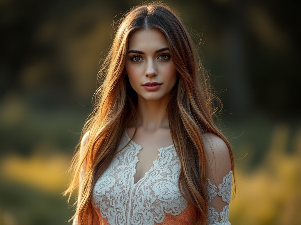portrait of a woman with long hair, wearing a lace dress in a soft-focus natural background, shot with a Canon EOS R5, 85mm f/1.2 lens, ISO 100, aperture f/1.2, shutter speed 1/200s, natural light photography, shallow depth of field