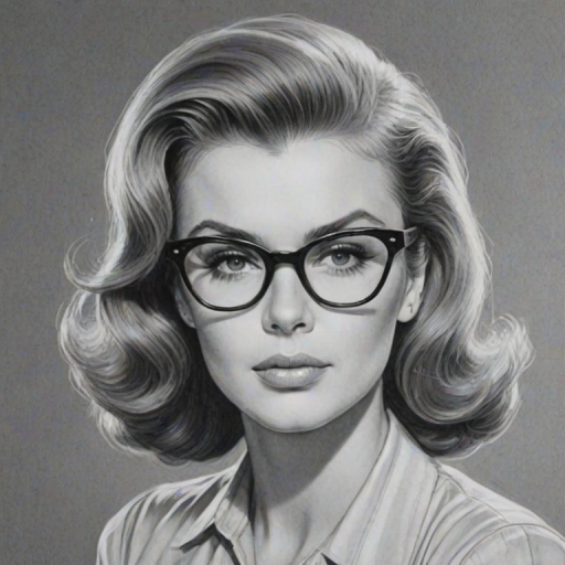 Fetching Ann-Margret, pencil sketch, portrait of Fetching woman 1943s in glasses, hair style beatnik, outline, clear lines, fine lines, 8k