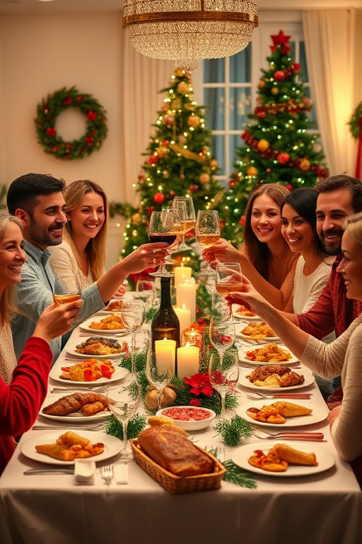 Create an image of a festive holiday dinner scene featuring a diverse group of people gathered around a beautifully set table. They are smiling and raising glasses in a toast, surrounded by a variety of delicious dishes and decorations. The setting should have warm lighting, a decorated Christmas tree in the background, and a cozy atmosphere that captures the spirit of celebration and togetherness.