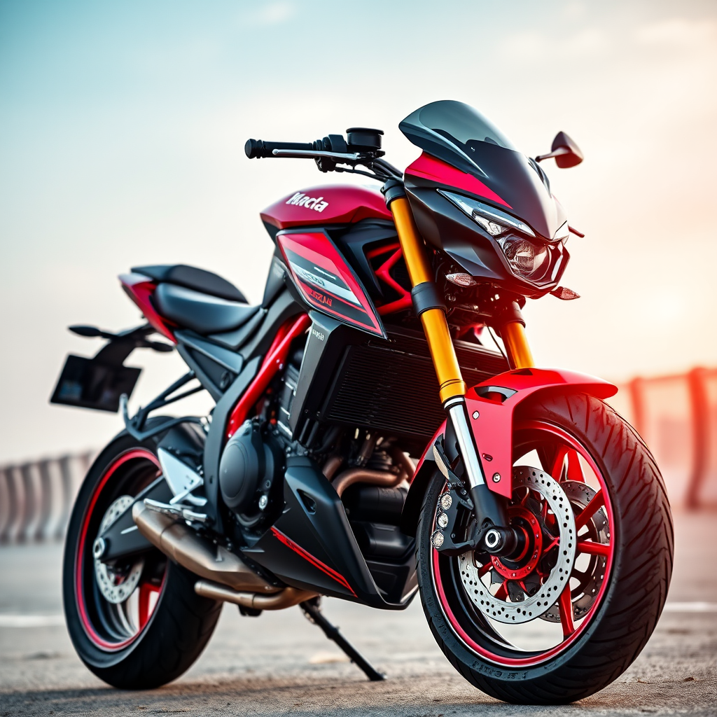 Create a high-resolution image of a black and red motorcycle with a sleek design, shot in a dynamic angle from the right side at a low perspective, using a DSLR camera with a 50mm lens, aperture set to f/2.8, ISO 200, and a shutter speed of 1/500 seconds to capture sharp details and vibrant colors against a subtle blurred background.