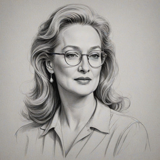Graceful Meryl Streep, pencil sketch, portrait of Elegant woman 1943s in glasses, hair style beatnik, outline, clear lines, fine lines, 8k