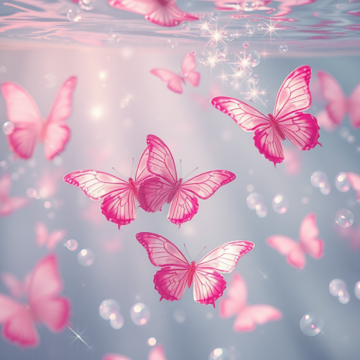 Create an image of a serene underwater scene with delicate pink butterflies floating amidst shimmering bubbles and soft, flowing water reflections. Add a gentle sparkle effect to enhance the ethereal quality of the composition.
