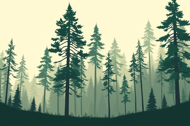 forest landscape illustration with varying tree heights and silhouettes, soft diffused lighting, depth of field, shot with a Canon EOS R5, 50mm lens, f/1.8 aperture, ISO 100, 1/250s shutter speed