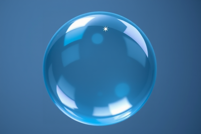 Create a glossy, spherical bubble with a soft blue tint and a bright star reflection on top, using a Canon EOS R5, 50mm lens, f/1.8 aperture, 1/200 shutter speed, ISO 100, soft focus background for enhanced quality.