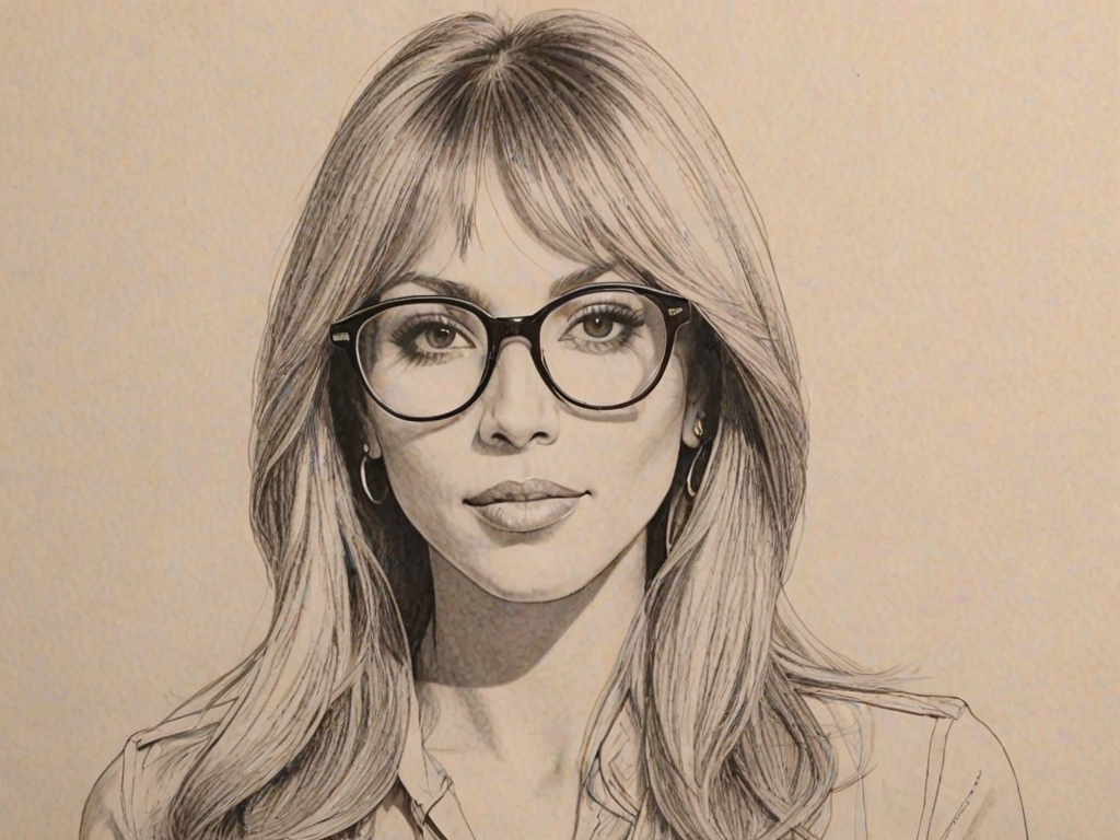 Resplendent Cathy Guetta, pencil sketch, portrait of Elegant woman 1973s in glasses, hair style beatnik, outline, clear lines, fine lines, 8k