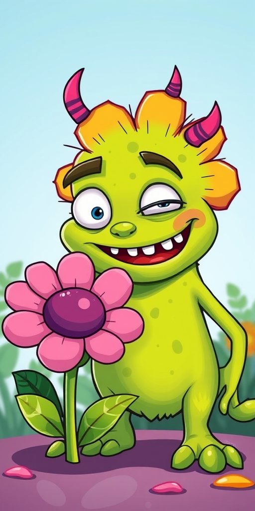 Create a bright, playful illustration of a cartoon monster with green skin and exaggerated features alongside a cheerful cartoon flower with a big smile, using a high-resolution digital art style, shot in 50mm lens with f/2.8 aperture for shallow depth of field, and vibrant color saturation.