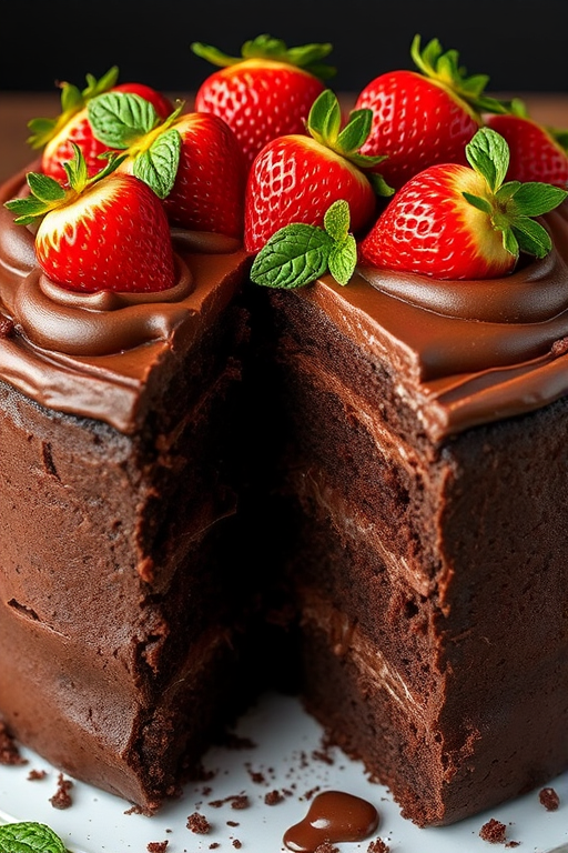 A rich chocolate cake with multiple layers showcasing a thick chocolate frosting topped with fresh strawberries and mint leaves, with a slice cut out to reveal the moist interior and chocolate filling.