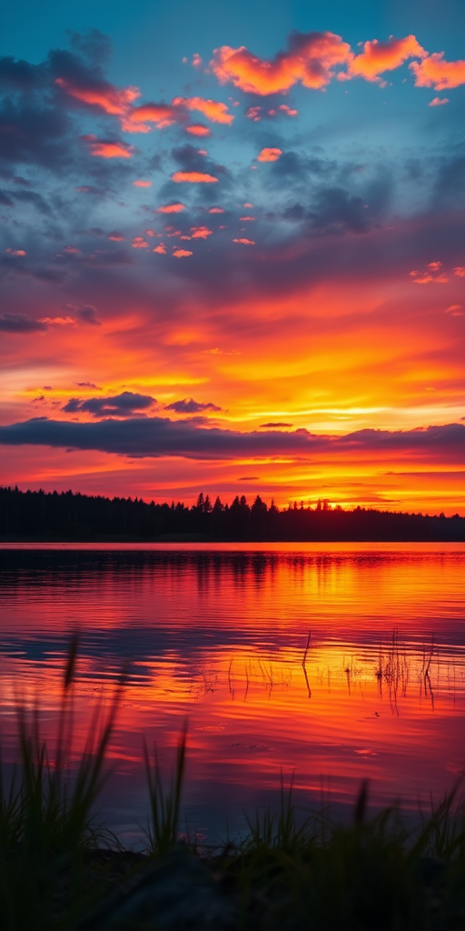 tranquil sunset over a lake with vibrant colors reflecting on the water, use a Canon EOS R5 with a 24mm f/1.4 lens, aperture f/8, ISO 100, 1/60s shutter speed, shot from a low angle to capture foreground details and enhance reflections