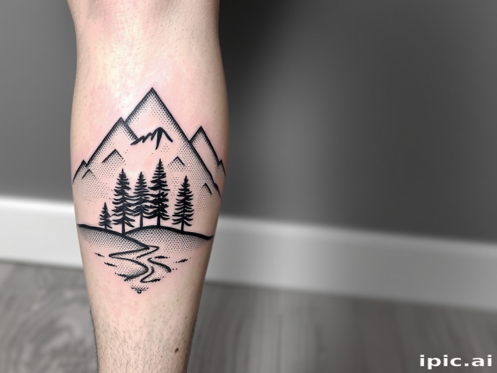 Serene dotwork landscape tattoo adorning the calf, depicting a mountainous scene with trees and a flowing river, utilizing thousands of tiny dots to create depth and texture in a monochromatic style