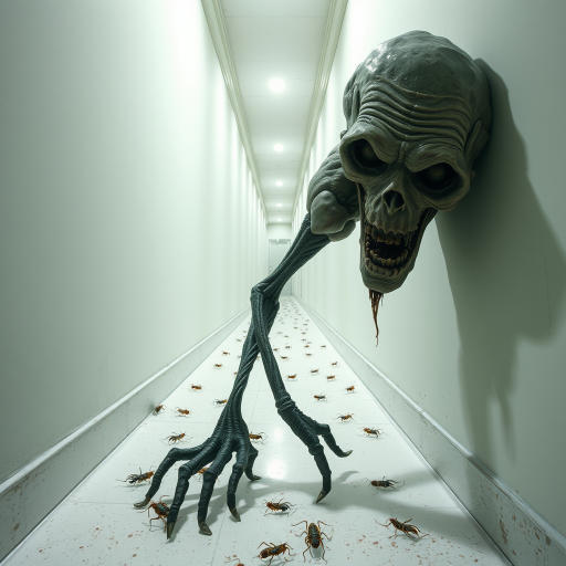 a crooked male with long arms and a creepy smile is crawling along a long white corridor and you can also see cockroaches in it there is a creepy atmosphere creepy art style