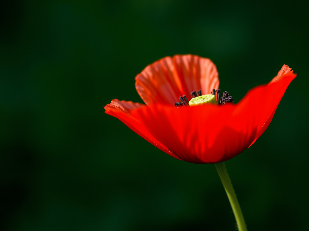 macro photography of a vivid red poppy flower against a dark green background, f/2.8 aperture, ISO 100, 1/200 sec shutter speed, using a 100mm macro lens, natural light, shallow depth of field, close-up view