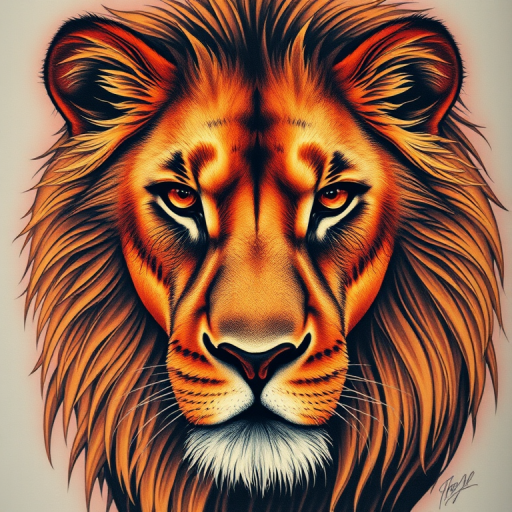 Realistic color portrait tattoo of a majestic lion with piercing eyes and a flowing mane, utilizing hyperrealistic techniques and vivid earth tones, titled "King's Gaze"