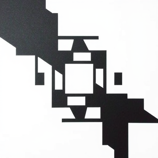 Create an abstract black geometric design on a white background, photographed from a top-down view with a DSLR camera, aperture set to f/2.8 for soft depth of field, ISO 100 for minimal noise, and a shutter speed of 1/125s for optimal exposure.