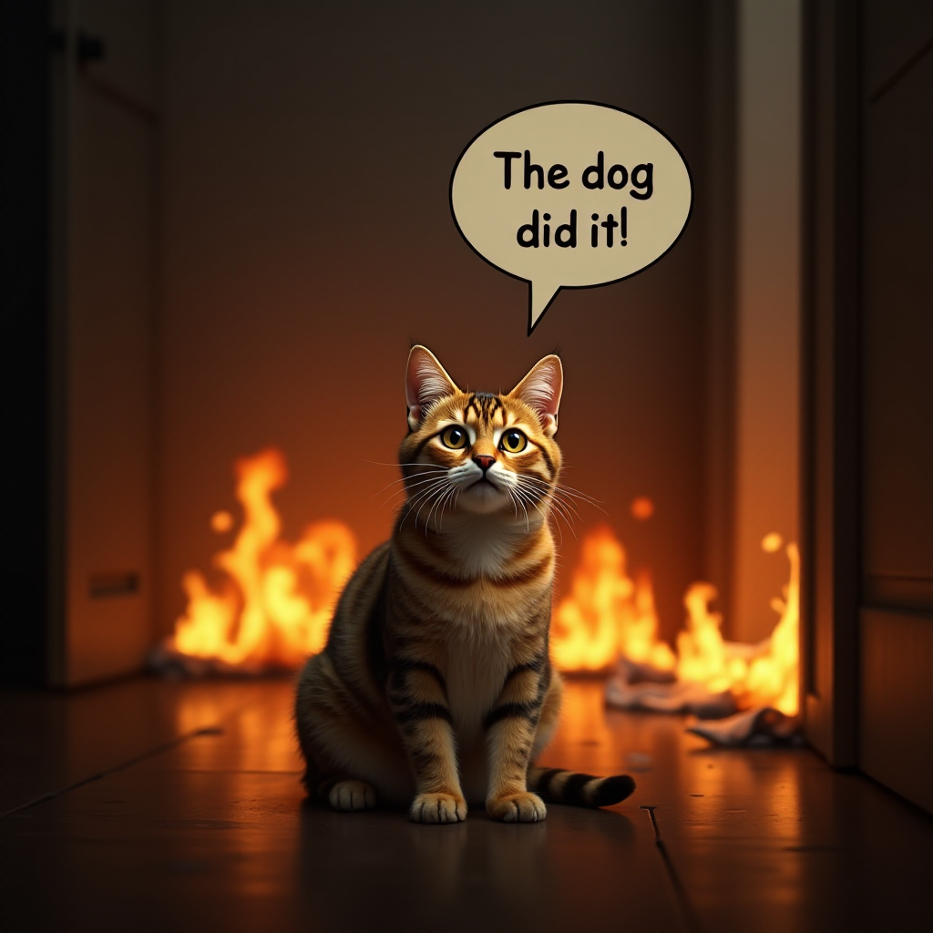 Photorealistic image of an innocent-looking cat sitting calmly in the middle of a burning room. Flames engulf the room, with fire licking up the walls and smoke filling the air. The cat is sitting on the floor, looking directly at the viewer with wide, innocent eyes. Above the cat, a speech bubble says "The dog did it". The contrast between the cat's calm demeanor and the chaos around it creates a humorous and surreal scene.