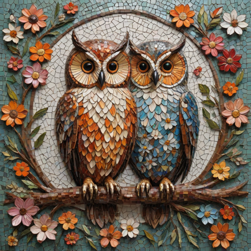 A mosaic of floral owls, each owl intricately composed of individual flower blossoms. The design showcases a delicate balance of nature and form, where the feathers of the owls are replaced by vibrant petals and blooms. The overall appearance is whimsical yet detailed, with each floral element contributing to the intricate patterns of the owl’s body. The artwork embraces a raw, organic style, with natural hues and soft textures, creating a harmonious blend of flora and fauna. The mosaic arrangement adds depth and visual intrigue to the piece, evoking a sense of wonder and artistic beauty.