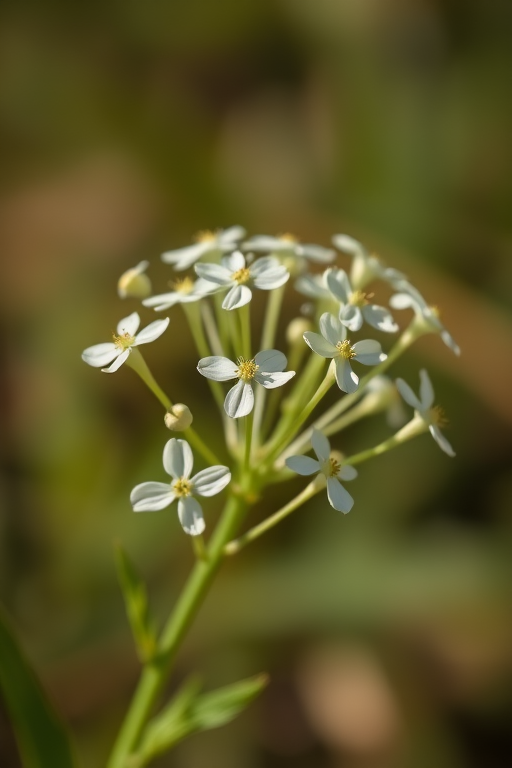 macro shot of delicate white flowers with a blurred natural background, 50mm lens, f/2.8 aperture, 1/200s shutter speed, ISO 100, natural light, DSLR camera