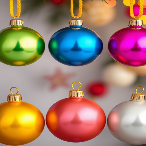 create a high-resolution image of six colorful Christmas ornaments arranged in two rows with vibrant yellow hanging loops, each ornament having a smooth reflective surface, set against a soft blurred background, taken with a Canon EOS R5, 50mm lens, f/1.8 aperture, and ISO 100, focusing on vivid colors and sharp details.