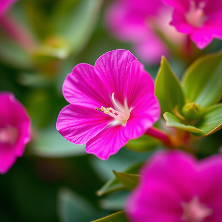 close-up of a vibrant pink flower surrounded by green leaves, shallow depth of field, natural light, ISO 100, aperture f/2.8, shutter speed 1/200s, macro lens, DSLR camera with a soft focus background