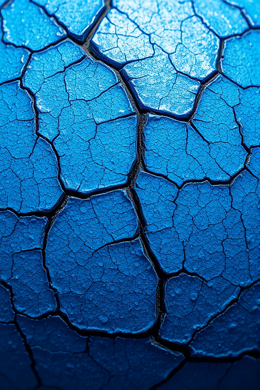 Create a high-resolution close-up of a textured blue surface with intricate cracks and variations in shade, using a DSLR camera set to ISO 100, aperture f/8, shutter speed 1/125s, with a macro lens for enhanced detail, in natural light for accurate color representation.