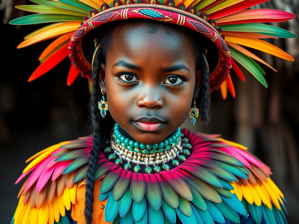 A beautiful Garifuna girl, wearing colorful bird clothing with vibrant colors