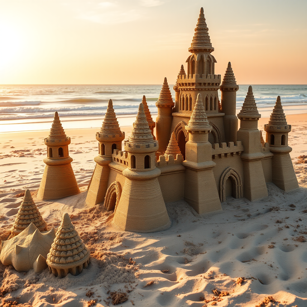 create a detailed image of a majestic sandcastle resembling a fairy-tale castle with tall spires and intricate designs on a sunny beach during golden hour, captured with a Canon EOS 5D Mark IV, 35mm lens, aperture f/8, ISO 100, 1/200s shutter speed, wide-angle view for depth and clarity.