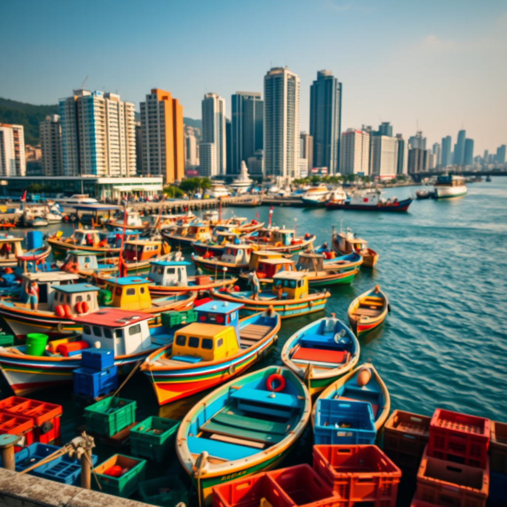 capture a busy fishing harbor with vibrant boats and colorful crates in the foreground, a modern skyline in the background, shallow depth of field, ISO 200, aperture f/8, shutter speed 1/250s, taken with a DSLR camera from a high vantage point, natural lighting