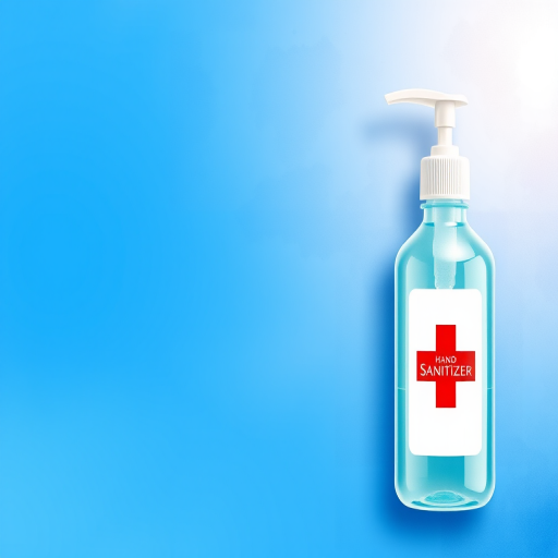 Create a high-resolution vector graphic of a hand sanitizer bottle with a pump, featuring a red cross symbol on the label, set against a gradient blue background with a subtle droplet effect, using watercolors for texture, in a top-down view with 4k clarity.