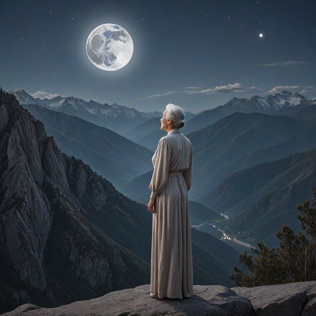Create a serene night scene with a thoughtful older woman gazing at a full moon over mountains, dressed in elegant, flowing attire, capturing a sense of nostalgia and tranquility.