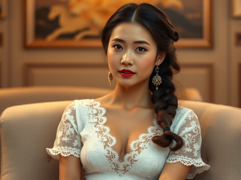 Create a portrait of a refined and elegant Chinese woman seated in a sophisticated setting. She has long, wavy hair styled in two thick braids that are pulled over her shoulders. She wears a white, lace gown with intricate patterns, featuring a deep V-neckline and short sleeves. The dress exudes a vintage charm with its delicate lacework. She is adorned with ornate, dangling earrings that add a touch of glamour to her appearance. The background is softly lit, with warm, ambient lighting that creates a cozy and inviting atmosphere. Her expression is poised and serene, capturing a sense of grace and elegance.