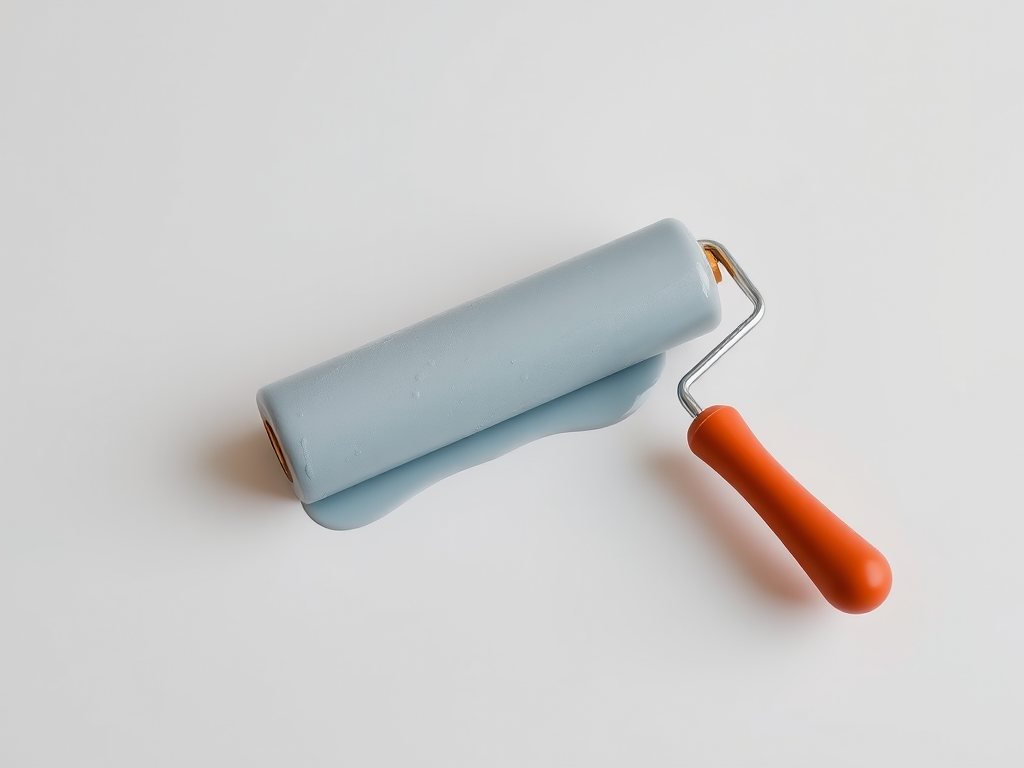 Create a high-resolution image of a paint roller on a plain background using a Canon EOS R5 camera with a 50mm lens, aperture set to f/1.8, ISO 100, shutter speed 1/200s, soft diffused lighting to enhance details and contrast.