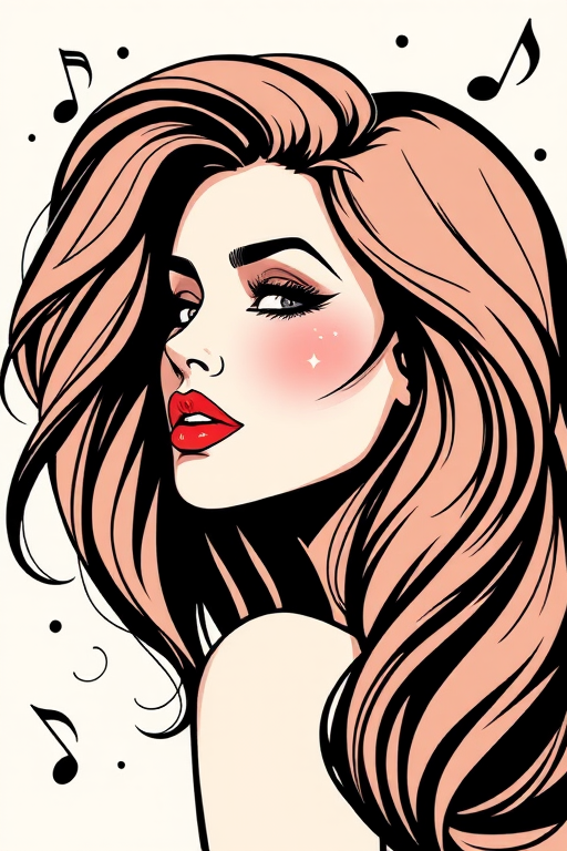 Create an illustration of a stylish woman with a side profile, featuring soft, flowing hair, bold eye makeup, and vibrant lips, surrounded by musical notes, using a DSLR camera with a 50mm lens, f/1.8 aperture, ISO 100, and natural light for enhanced image quality.
