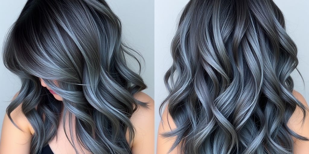 Smoky grey ombre flowing into steel blue, masterfully blended by "Urban Mist" colorists, with long, face-framing layers and soft beach waves, enhanced by subtle silver accents throughout, creating an ethereal, storm-cloud inspired aesthetic that's both dramatic and sophisticated.