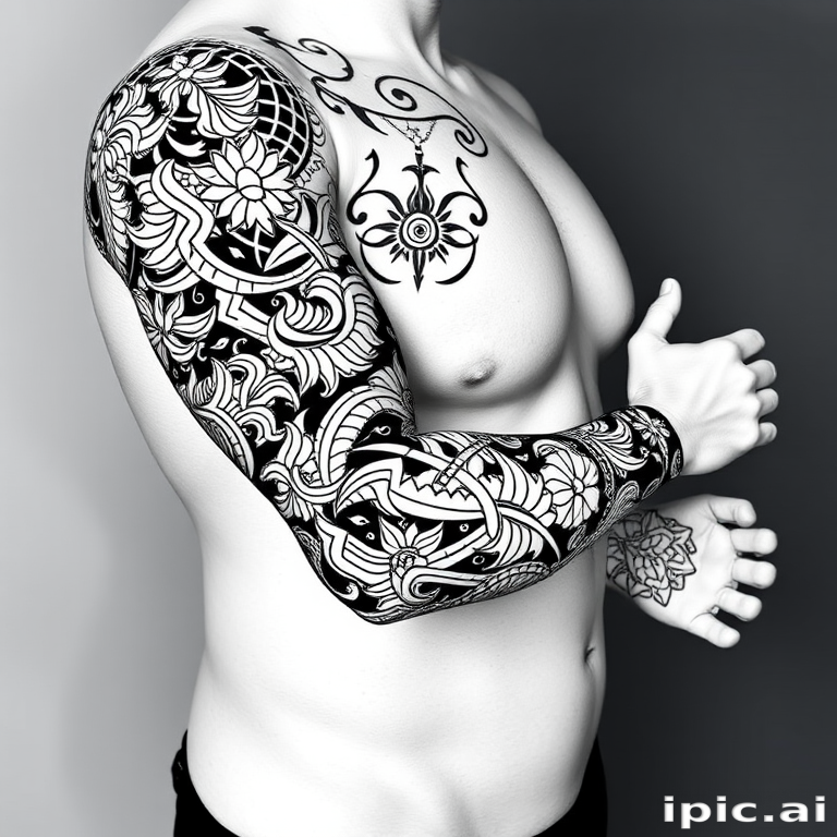 Tribal-inspired blackwork tattoo featuring intricate Polynesian-style patterns and symbols, woven together to form a cohesive full-sleeve design with bold negative space