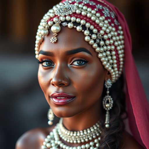 Create a highly detailed portrait of a woman with an elaborate pearl headdress and jewelry, using a Canon EOS R5 with a 50mm f/1.2 lens, in soft natural lighting, shot from eye level, with a shallow depth of field to enhance the background blur and focus on her intricate expressions.