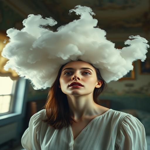 Capture a surreal portrait of a woman in a vintage room with swirling clouds above her head, using a Canon EOS R5 with a 50mm f/1.2 lens, aperture set to f/1.8, ISO 100, shutter speed 1/125s, shot at eye level with a soft focus effect to enhance the dreamlike quality.