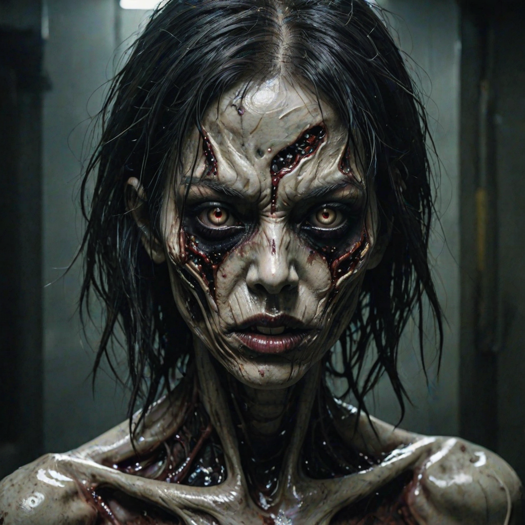 (perspective) of A creepy (ethnicity) zombie cyborg with (descriptive color) skin, (color) lipstick (color) liquid flowing from her eyes and mouth, (perspective two) portrait, (camera angle), extremely detailed, (art style) in the style of Yoshitaka Amano and Tetsuo Hara. --ar 85:128 --style raw --niji 6