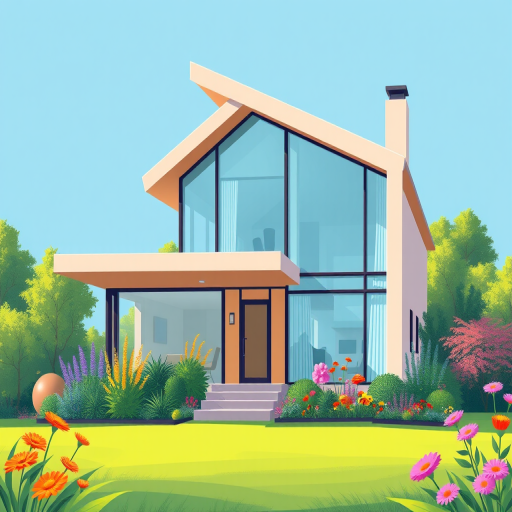 illustration of a modern house with large windows and a unique architectural style, in a vibrant garden setting, soft blue background, shot with a DSLR camera at f/8, 50mm lens, natural light, high resolution