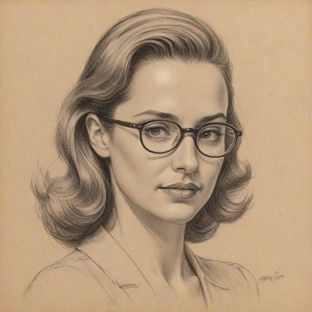 Fascinating Freddie Prinze Jr., pencil sketch, portrait of Splendid woman 1938s in glasses, hair style beatnik, outline, clear lines, fine lines, 8k