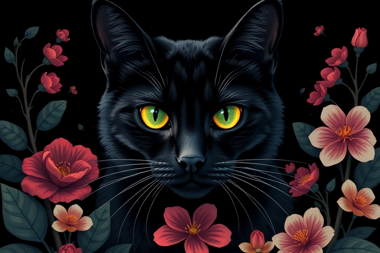 Create a high-resolution digital illustration of a majestic black cat with striking green eyes surrounded by stylized flowers and leaves in a dark background, using a digital art style, with a focus on intricate detailing and vibrant color contrast, simulate a Canon EOS 5D Mark IV with a 50mm f/1.8 lens at ISO 100, aperture f/2.8, and a shallow depth of field for enhanced clarity and richness.
