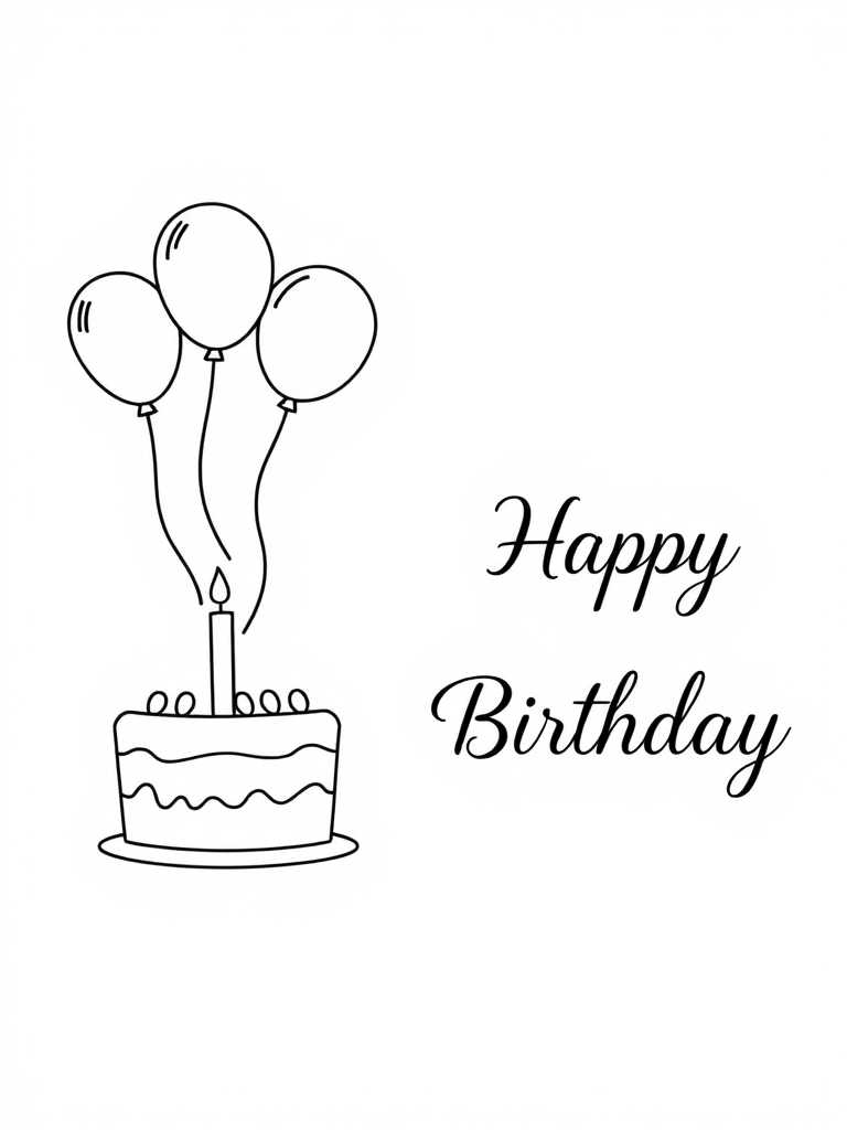 Create a simple line drawing of a birthday scene featuring a cake with a candle and three balloons on the left side with the text Happy Birthday elegantly styled on the right side against a plain white background.